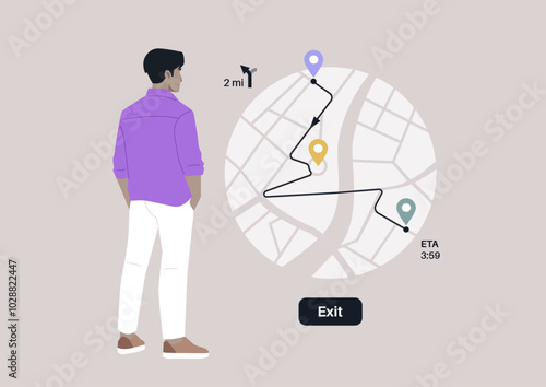 A traveler stands intently looking at a navigation map, considering their journey ahead, The map illustrates a winding route leading to an exit, with estimated travel time clearly marked