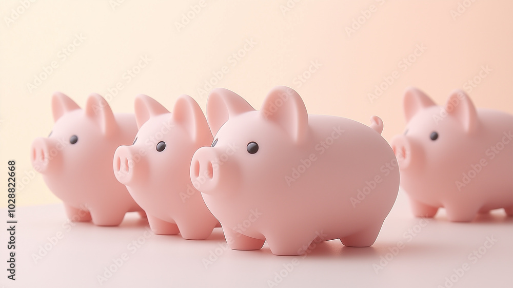 整列したピンクの貯金箱