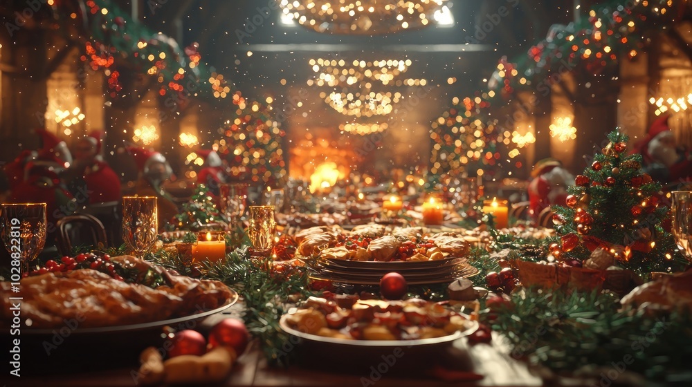 Joyful elves celebrate Christmas with a festive feast in a decorated hall, creating a warm and cheerful atmosphere. Joyful elves celebrate Christmas with a festive feast in a decorated hall, creating a warm and cheerful atmosphere.