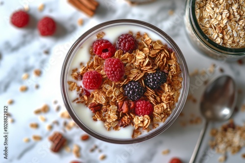 Healthy breakfast bowl with granola, fresh berries, and yogurt on a white bac...