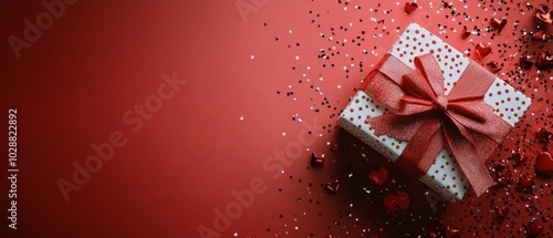 A beautifully wrapped gift box with red hearts and confetti on a festive back...