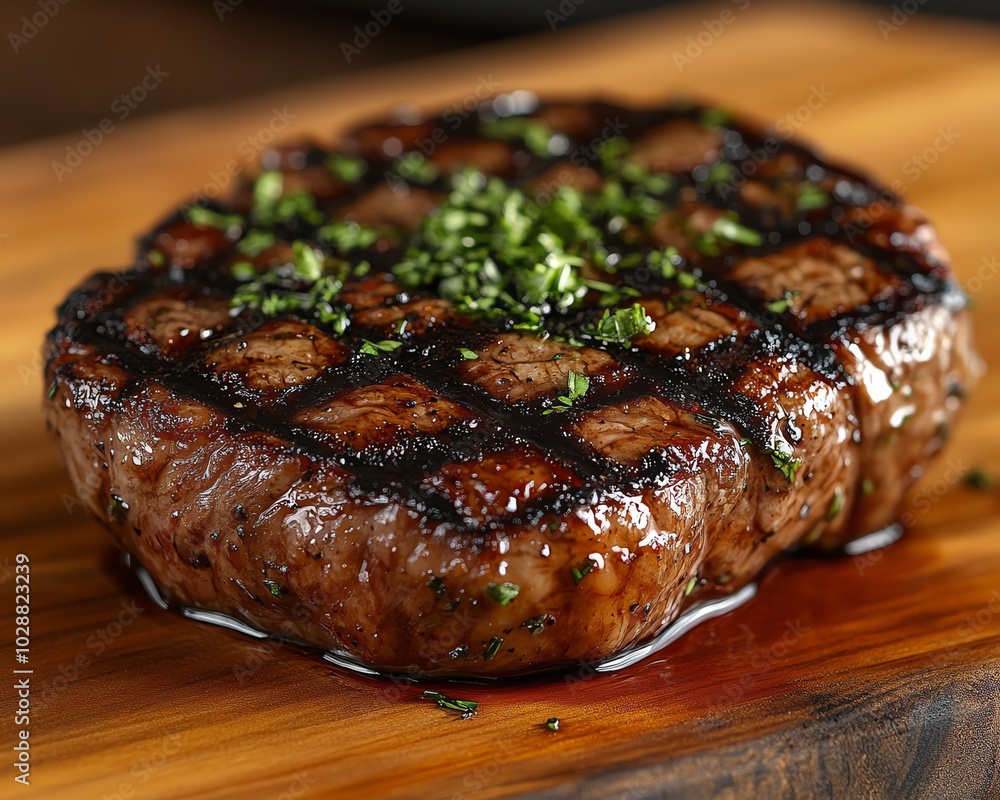 Closeup of a mouthwatering seared steak showcasing crosshatch grill marks, juicy glistening meat on rustic wood, enhanced with fresh herbs Closeup of a mouthwatering seared steak showcasing crosshatch grill marks, juicy glistening meat on rustic wood, enhanced with fresh herbs