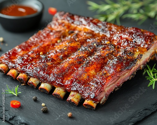 Closeup of delicious BBQ ribs with a caramelized crust, spices visible, and a hint of smoke, highlighting tender juicy meat ready for enjoyment photo