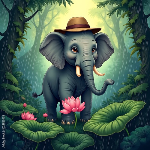 Detective elephant with a hat playing in a rain-soaked jungle with lotus flowers