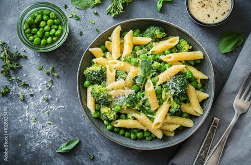 Delicious pasta dish with broccoli and peas served in a bowl with herbs and c...