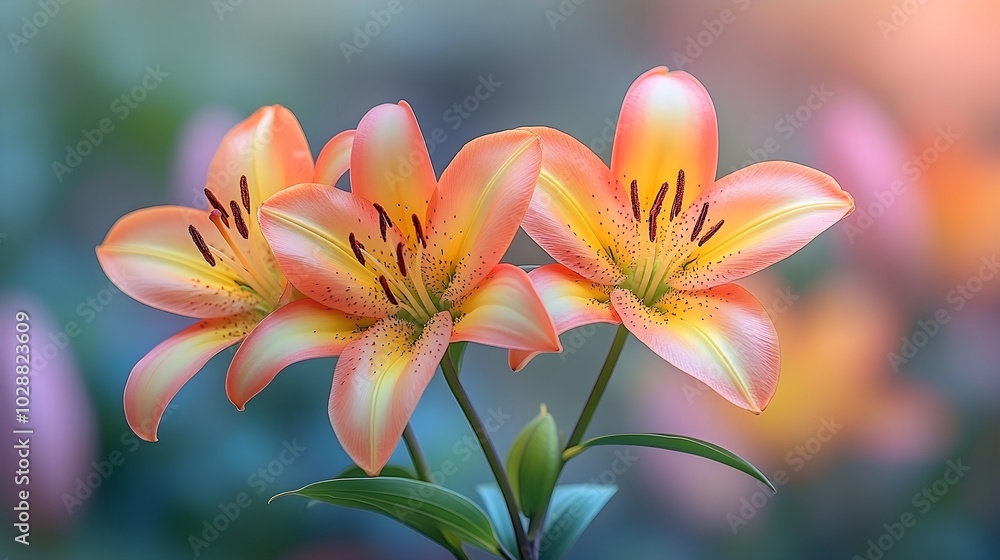 Lilies in the morning light: elegance and grace A peaceful depiction of colorful lilies blooming in the soft morning light, creating a serene atmosphere. Lilies in the morning light: elegance and grace A peaceful depiction of colorful lilies blooming in the soft morning light, creating a serene atmosphere.
