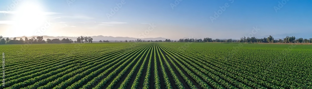 Expansive green agricultural field under clear blue sky with sun rays. Perfect for farming, agriculture, and nature-themed projects. Expansive green agricultural field under clear blue sky with sun rays. Perfect for farming, agriculture, and nature-themed projects.