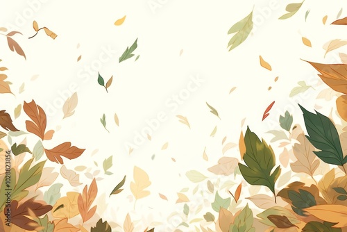 A poetic background with leaves falling in the air. The leaves create an ethereal mood. The leaves come in a variety of sizes, shapes and colors, making for a serene work.