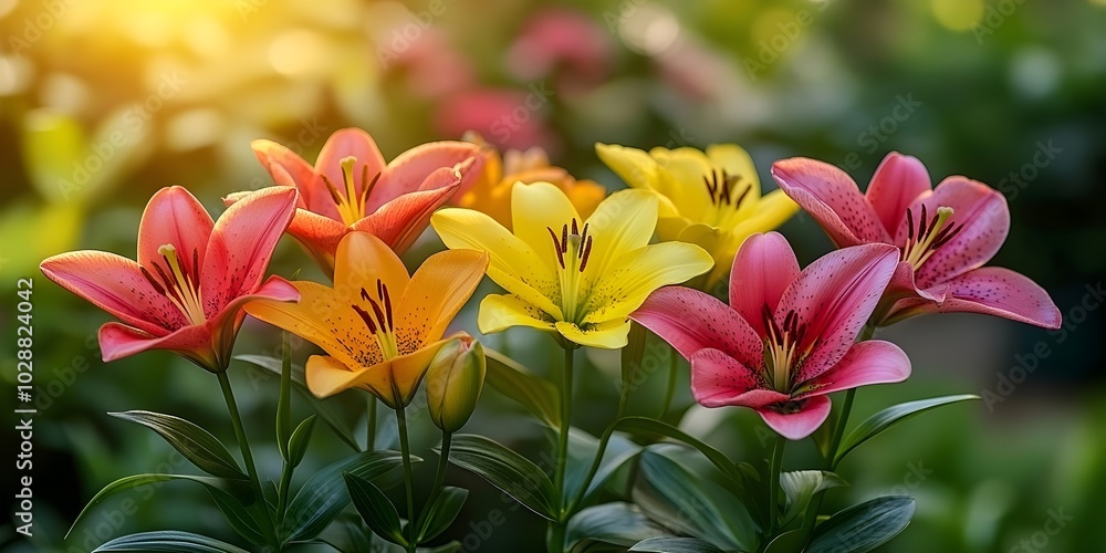Lilies in the morning light: elegance and grace A peaceful depiction of colorful lilies blooming in the soft morning light, creating a serene atmosphere. Lilies in the morning light: elegance and grace A peaceful depiction of colorful lilies blooming in the soft morning light, creating a serene atmosphere.