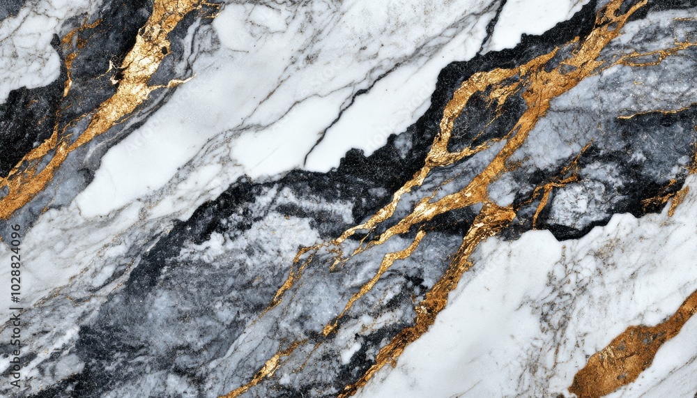 Elegant white marble with gold veins against a black patterned wall and gray floor Elegant white marble with gold veins against a black patterned wall and gray floor