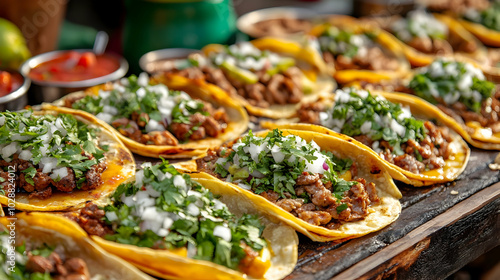 Delicious tacos topped with cilantro and onions on a wooden table.