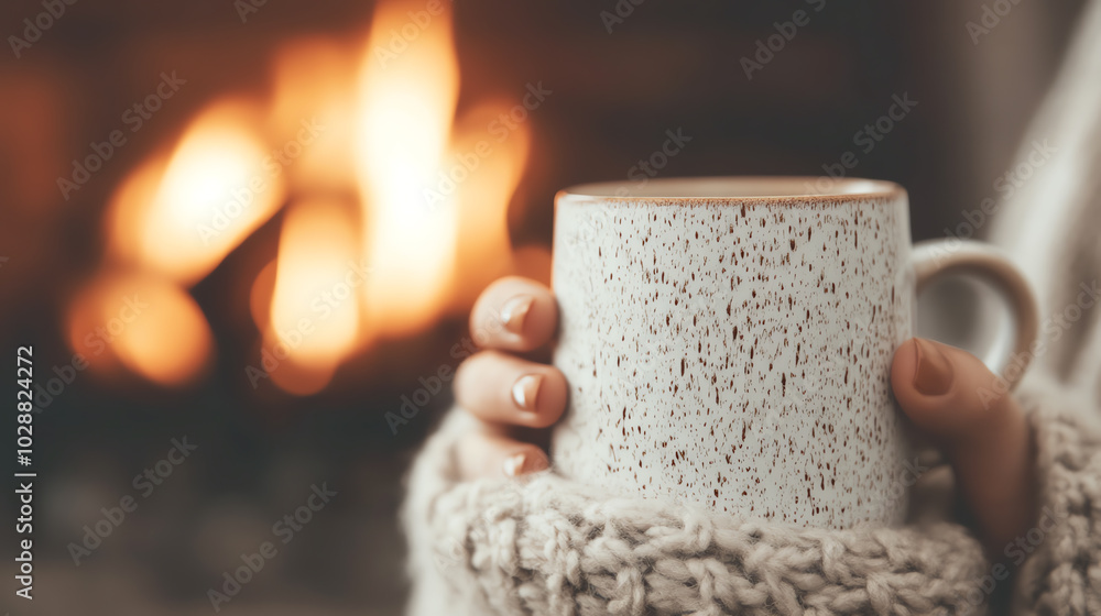 A cozy scene featuring a person holding a textured mug filled with a warm beverage, with a fireplace glowing softly in the background. A cozy scene featuring a person holding a textured mug filled with a warm beverage, with a fireplace glowing softly in the background.
