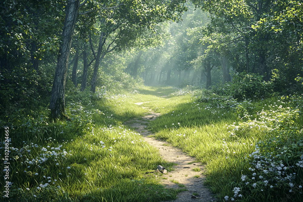 Fototapeta premium Serene pathway through a lush green forest at dawn