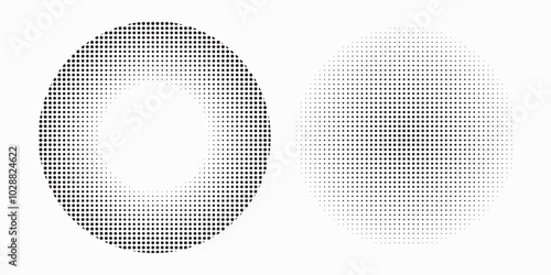 Circle dot frame. Circular border with halftone effect. Modern faded ring. Rounded semitone shape. Ballpoint boarding house. Dotted geometric pattern
