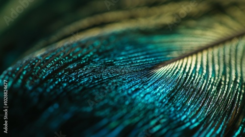 Close-up of a peacock feather with intricate details and vibrant turquoise hues.