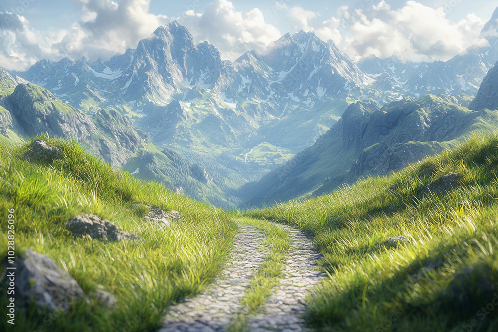 Fototapeta premium A winding path through lush green hills leading to majestic mountains
