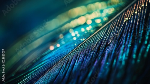 Close-up of a Peacock Feather with Iridescent Hues and Bokeh Lights