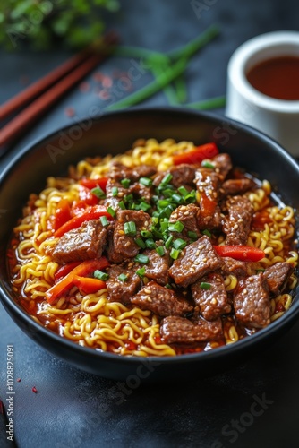 Delicious beef noodle soup with colorful vegetables served in a dark bowl on a textured surface