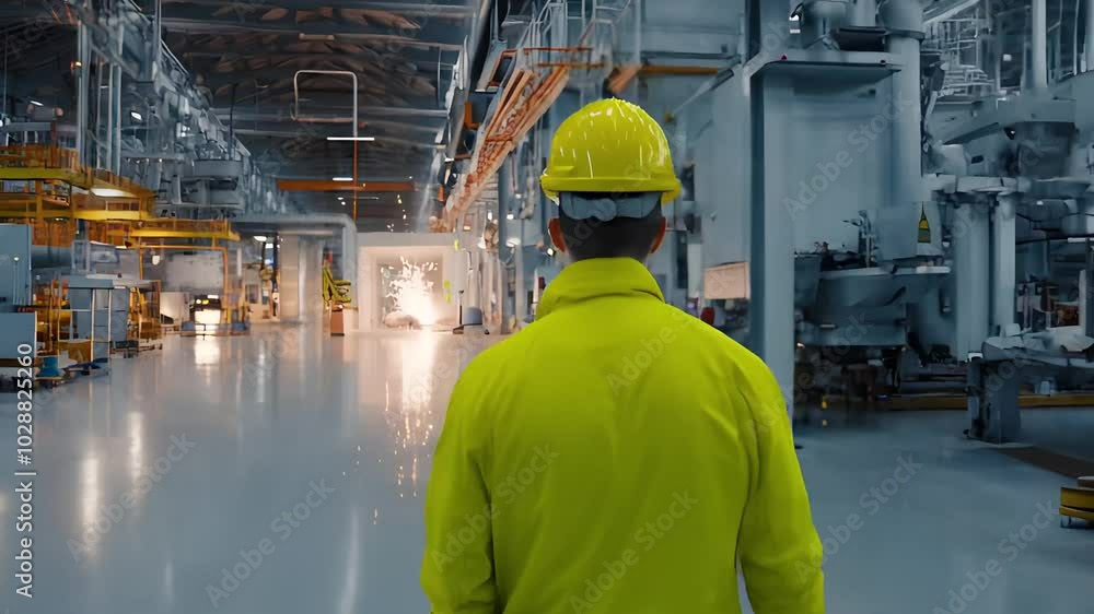 An engineer in a yellow safety jacket and helmet stands in a large, modern factory. A scene of industrial manufacturing and production. An engineer in a yellow safety jacket and helmet stands in a large, modern factory. A scene of industrial manufacturing and production.