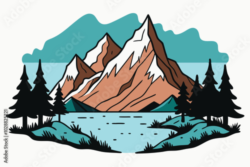 Mountain with pine trees and lake landscape. Hand drawn rocky peaks in sketch vector