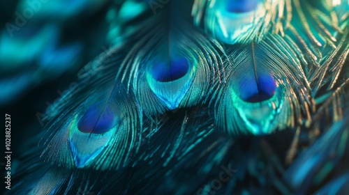 Close-up of iridescent peacock feathers with blue and green hues photo