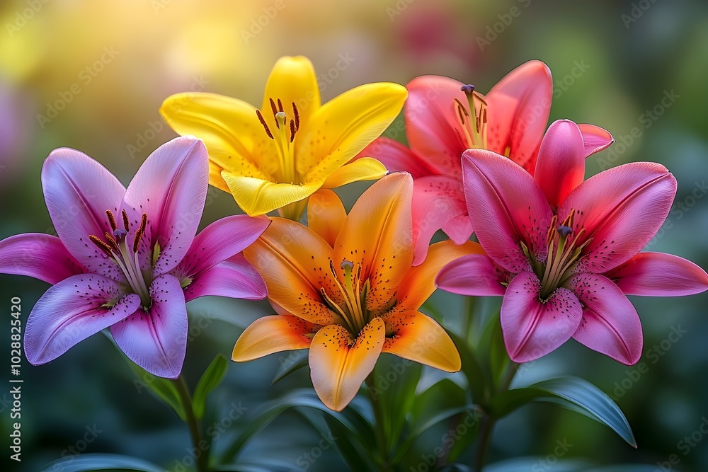 Lilies in the morning light: elegance and grace A peaceful depiction of colorful lilies blooming in the soft morning light, creating a serene atmosphere. Lilies in the morning light: elegance and grace A peaceful depiction of colorful lilies blooming in the soft morning light, creating a serene atmosphere.