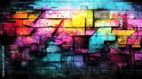 Vibrant graffiti art on colorful brick wall with abstract patterns and shapes