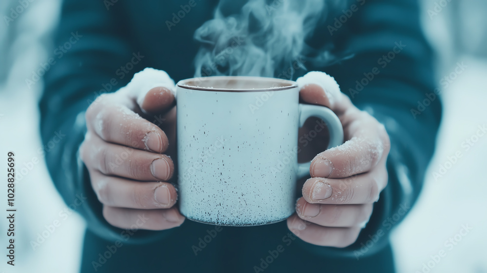 A pair of hands holding a steaming cup of coffee in a snowy backdrop, symbolizing warmth and comfort in winter. The cozy aesthetic invites relaxation and joy in the chilly season. A pair of hands holding a steaming cup of coffee in a snowy backdrop, symbolizing warmth and comfort in winter. The cozy aesthetic invites relaxation and joy in the chilly season.