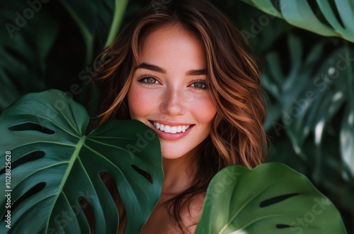 A young woman smiles while posing with lush green leaves in a tropical settin...