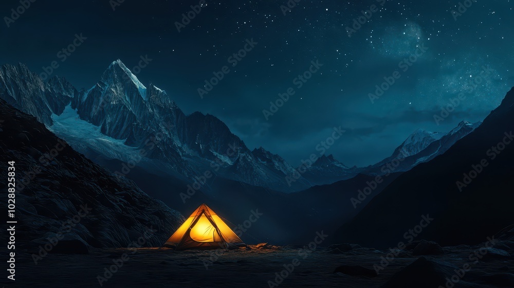 glowing tent in the mountains under the night sky glowing tent in the mountains under the night sky