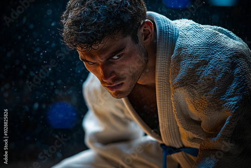 Intense judo practice session in a dimly lit dojo at night photo