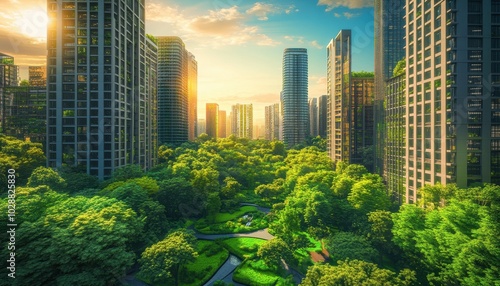 Modern eco-futuristic cityscape with lush greenery and vibrant parks at sunset