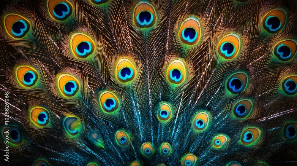 Obraz premium Close-up View of a Peacock's Tail Feathers with Vibrant Eyespots