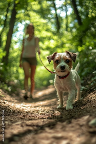 Woman walking a playful dog on a lush trail surrounded by greenery in early a...