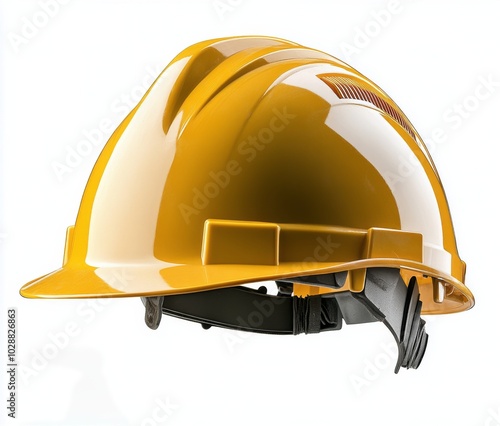Worn yellow construction helmet placed on a clean surface highlighting its ru...