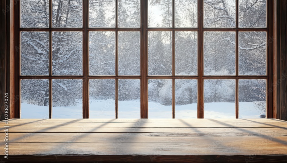 An empty wooden table by a winter window with snowy scenery outside An empty wooden table by a winter window with snowy scenery outside