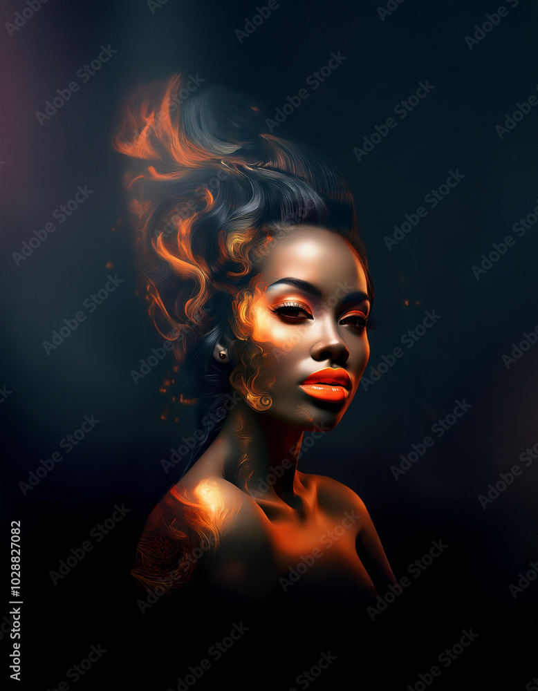 A woman with dark skin and hair,  glowing in shades of orange and yellow. Her eyes are captivating, and her lips are painted a bright orange.