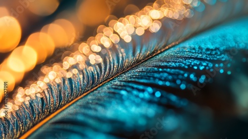 Close-up of a Blue Feather with Golden Bokeh Lights