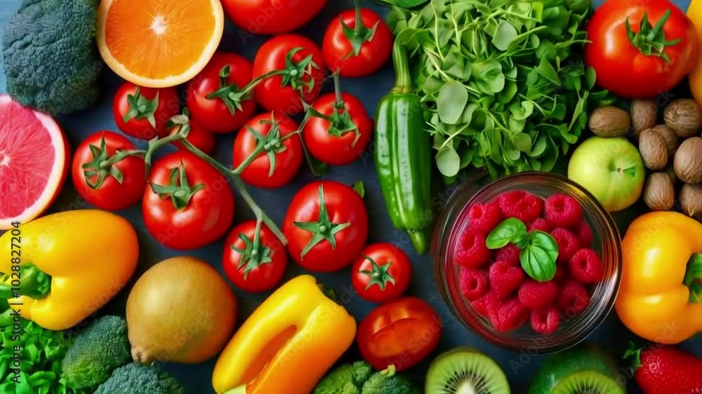 Top view of fresh fruits vegetables meal prepping. ingredients chopped, mixed, plated healthy, balanced meal. A focus colorful nutritious dish, 4k High-Quality background Animation Video Top view of fresh fruits vegetables meal prepping. ingredients chopped, mixed, plated healthy, balanced meal. A focus colorful nutritious dish, 4k High-Quality background Animation Video