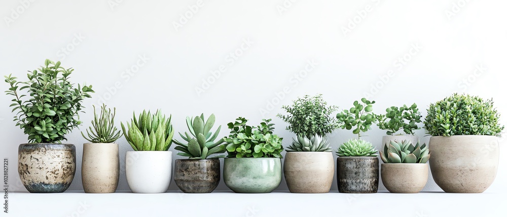 Chic collection of elegant ceramic planters filled with various succulents and leafy plants, beautifully arranged against a pure white backdrop for a modern look Chic collection of elegant ceramic planters filled with various succulents and leafy plants, beautifully arranged against a pure white backdrop for a modern look