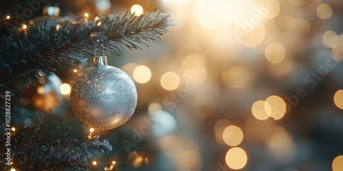 Shimmering gold ornaments hanging on a beautifully decorated Christmas tree i...
