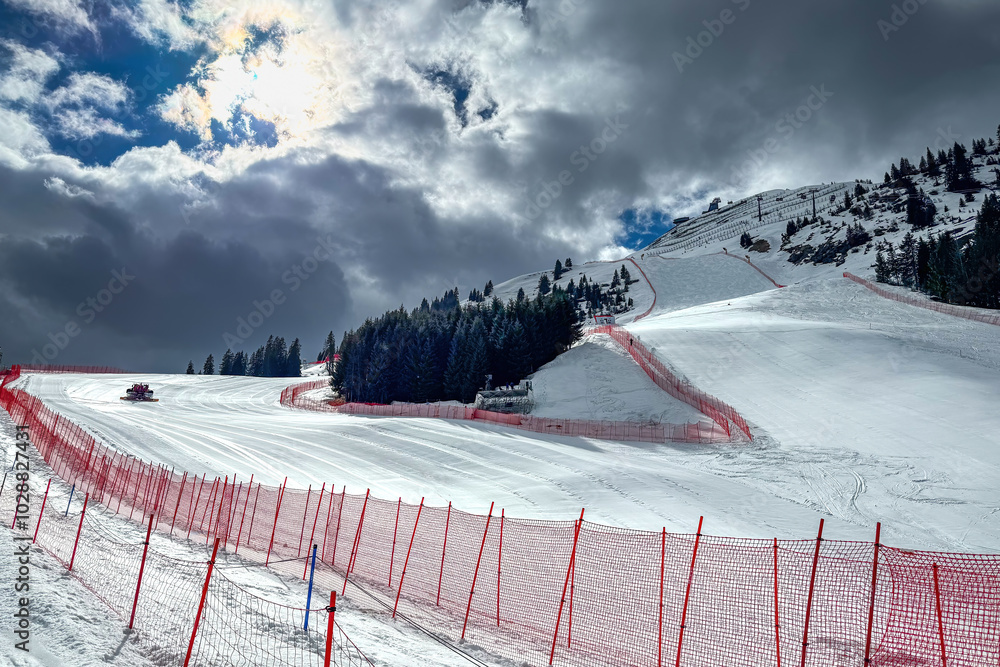 Mid-section of freshly prepared alpine skiing world cup slope in Saalbach-Hinterglemm, Austria at 12er Kogel one year before hosting the World Championchips