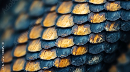 Close-up of Blue and Golden Scales on a Reptile's Skin