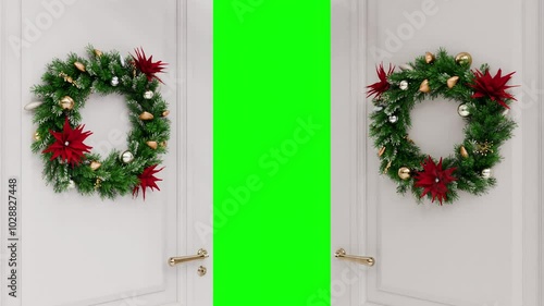 white door opening animation, christmas wreath decoration, green screen chroma key	