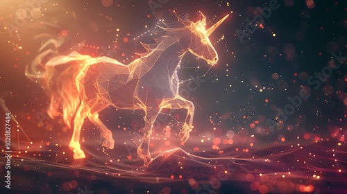 A glowing unicorn made of polygons runs across a dark landscape, a glowing, mystical creature.