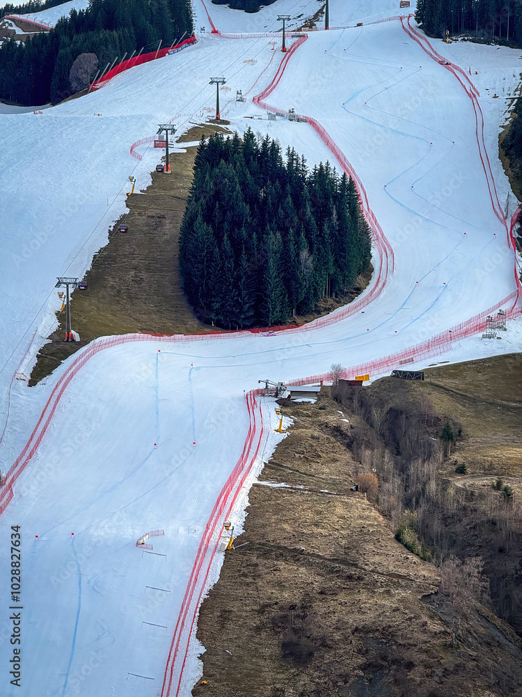 Finishing slope of alpine skiing world cup slope at 12er Kogel in Saalbach-Hinterglemm, Austria one year before hosting the World Championchips
