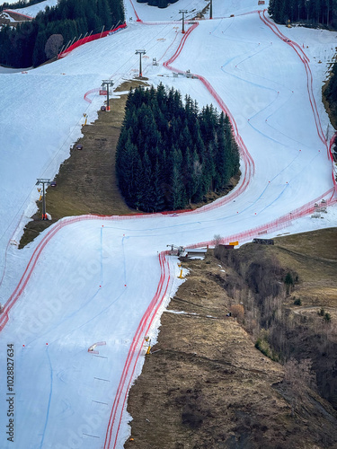 Obraz na płótnie Finishing slope of alpine skiing world cup slope at 12er Kogel in Saalbach-Hinterglemm, Austria one year before hosting the World Championchips w salonie