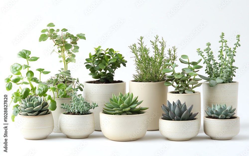 Fototapeta premium Contemporary botanical styling showcasing a collection of elegant ceramic planters with assorted succulents and leafy plants on a pure white background