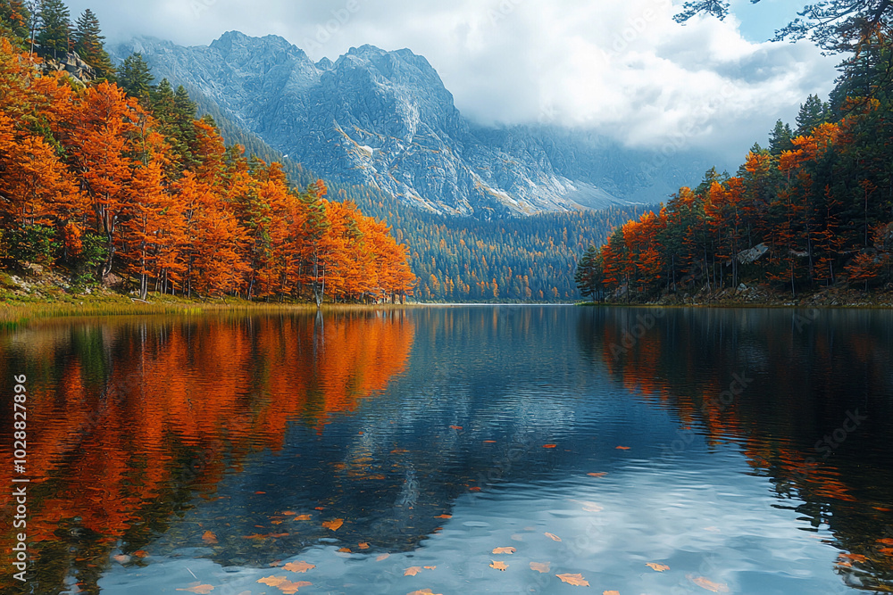 Naklejka premium Autumn landscape with vibrant red trees reflecting in tranquil lake
