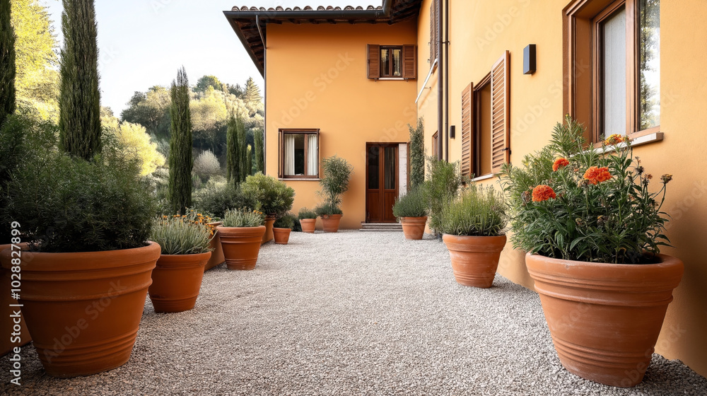 Fototapeta premium Mediterranean villa exterior with terracotta pots and garden plants along gravel pathway
